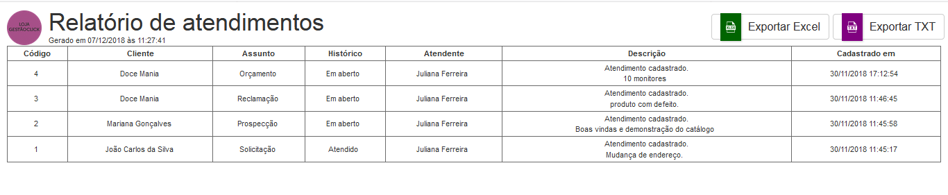 relatório de atendimento ao cliente